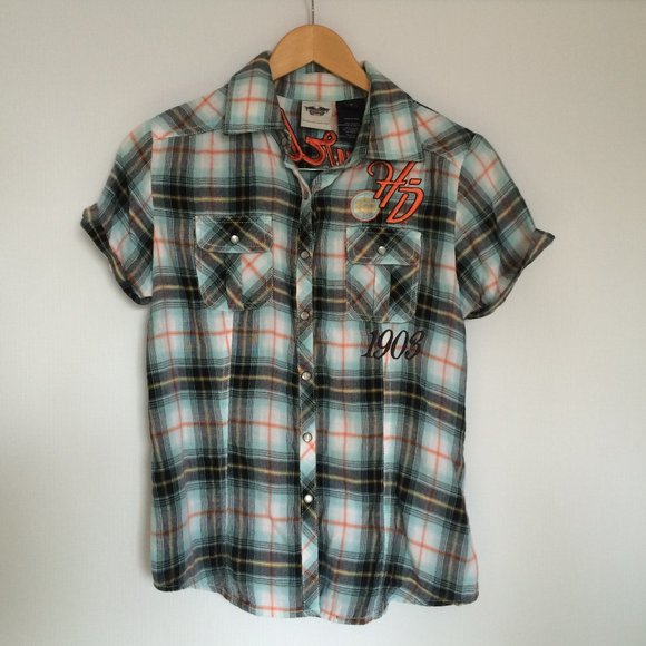 Harley-Davidson Womens Embroidered Blouse Small Plaid Pearl Snap Cap Sleeve - Picture 2 of 8